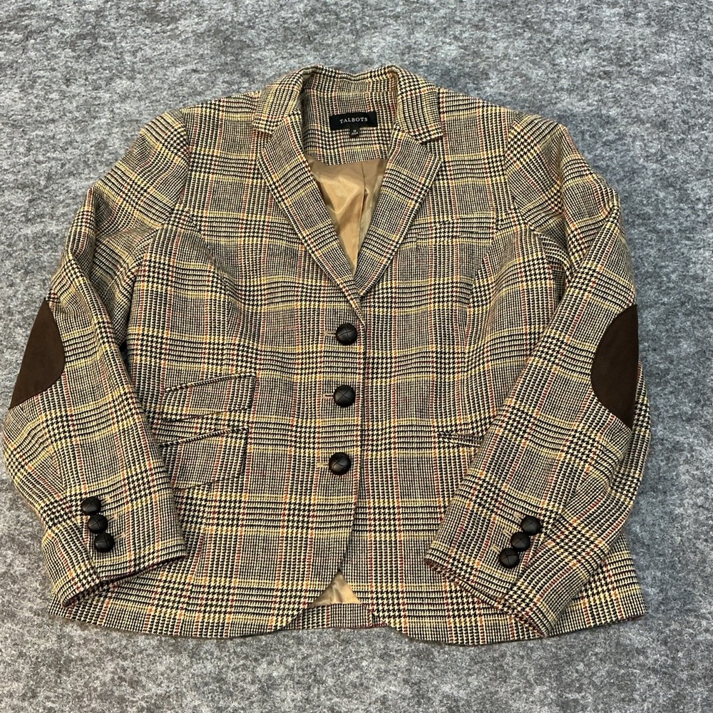 Talbots Plaid Houndstooth Wool-Blend Blazer with Gold Lining Size 12